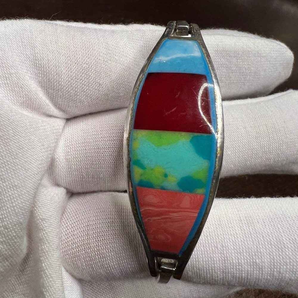 Vintage Alpaca Mexico Bangle Bracelet Multi Color Enamel Silver Tone 7.2 in - Picture 5 of 15